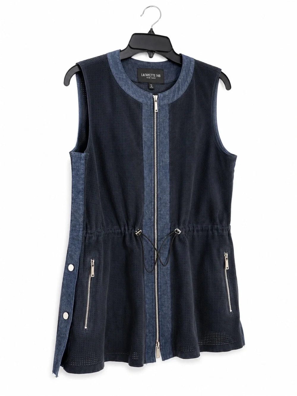 Lafayette 148 NY Perforated Suede Zip Utility Vest XL Navy Drawstring Jacket